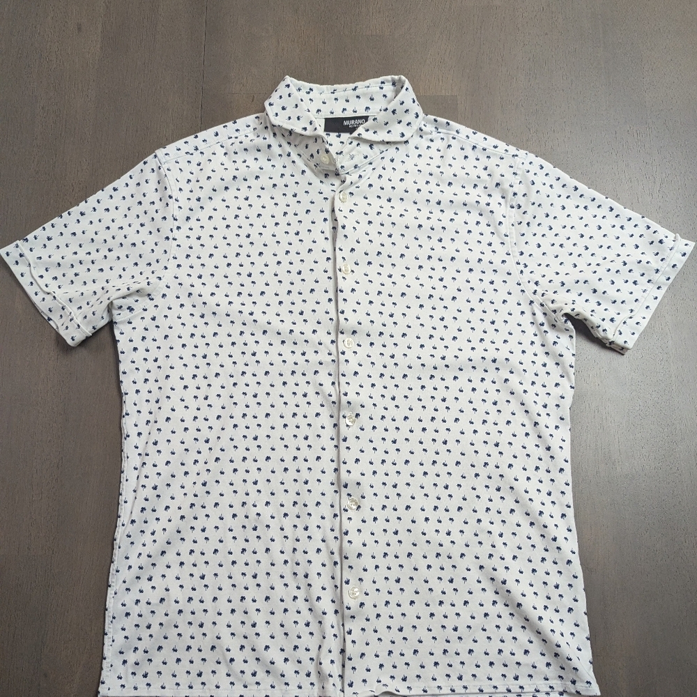 Murano Casual White Luxury Shirt with Navy Blue Palm Tree Design